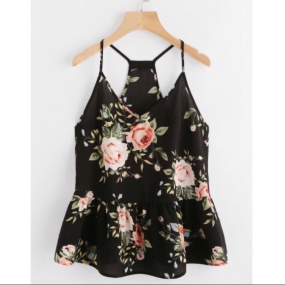 October Love Tops - NWT Black Floral Peplum Tank Top